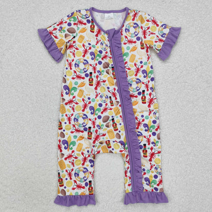 Sibling Baby Boys Girls Infant Short Sleeves Mardi Gras Anchors Crawfish Zipper Rompers RTS