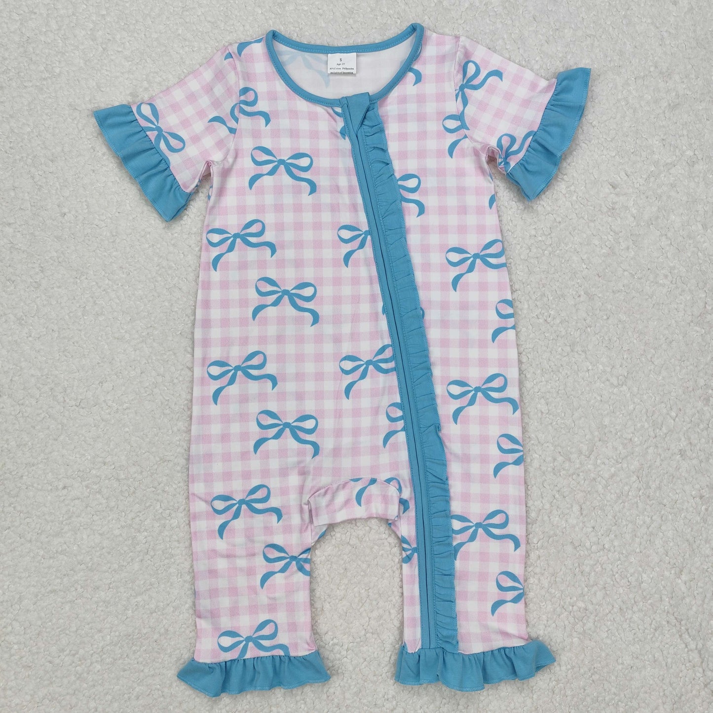 Baby Girl Short Sleeves Checkered Bows Sibling Romper Pajamas Set RTS
