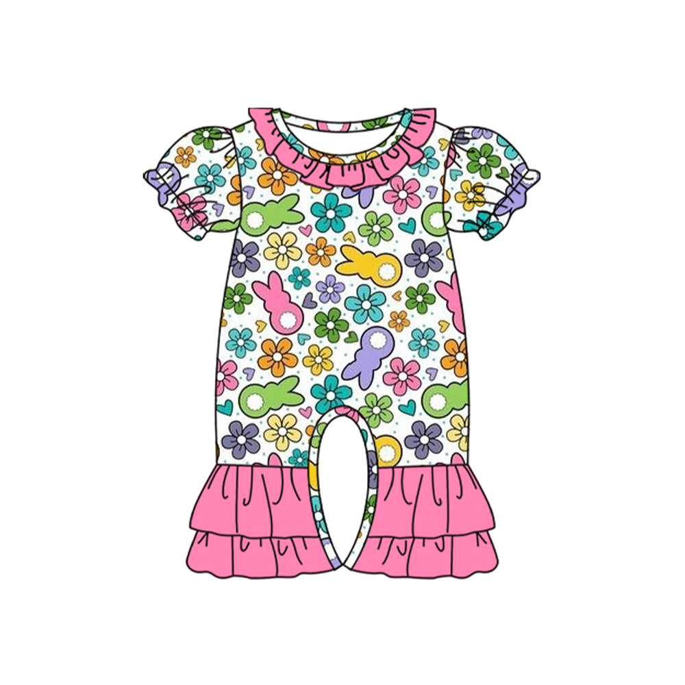 Pre-order Baby Girl Infant Short Sleeves Easter Rabbit Flower Romper