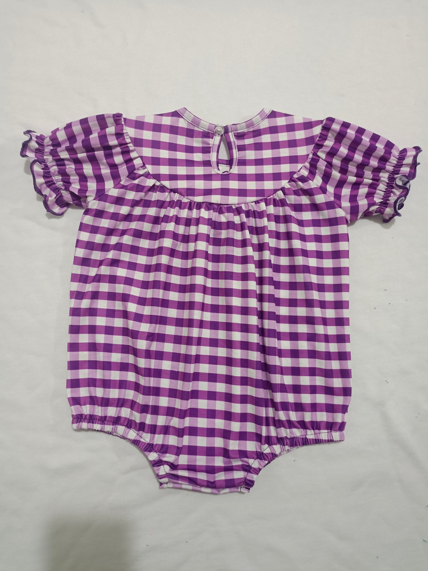 Baby Girl Infant Embroidery Purple Checkered Mardi Gras Bubble Smocked Romper