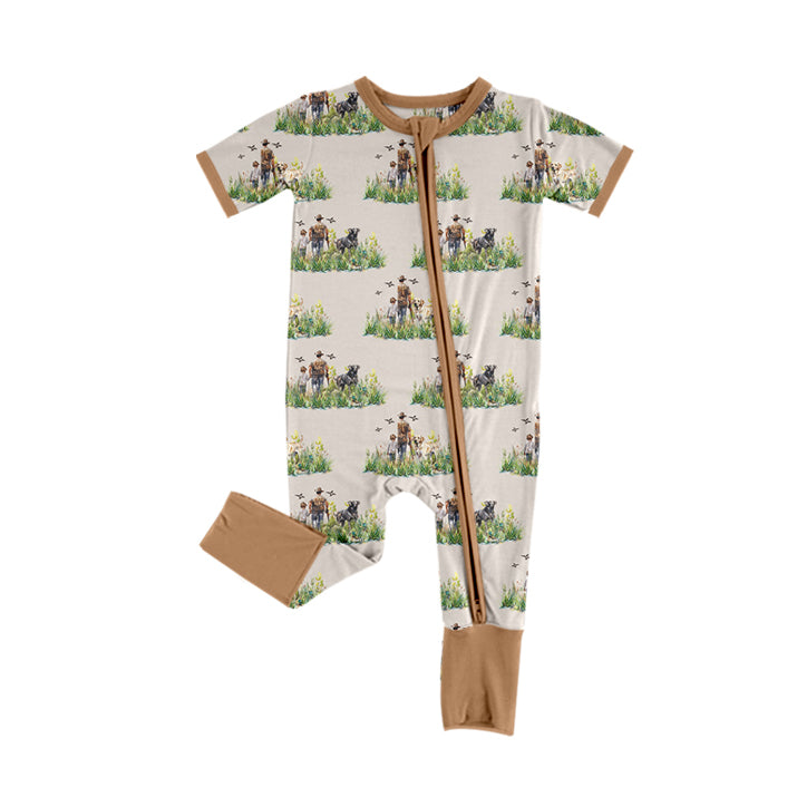 Pre-order Baby Boy Infant Short Sleeves Dog Hunting Zipper Romper