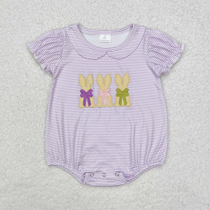 Baby Girl Short Sleeves Easter Embroidery Rabbit Stripes Sibling Sister Dress Romper
