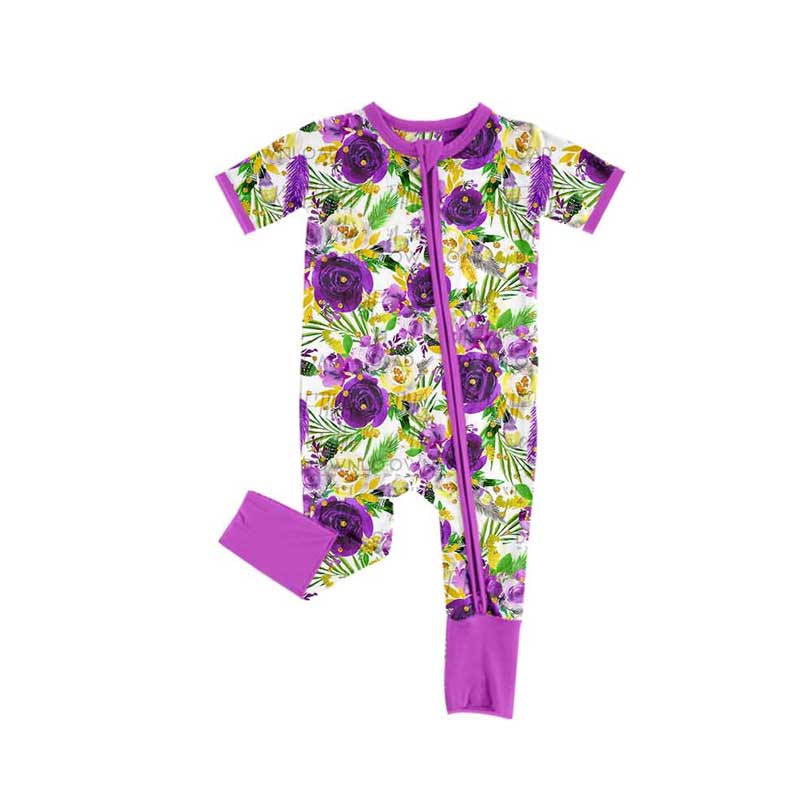 Pre-order Baby Girl Infant Short Sleeves Mardi Gras Flower Purple Zipper Romper