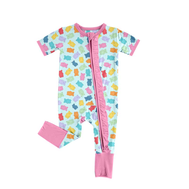 Preorder Baby Girl Infant Short Sleeves Candy Bears Zipper Romper