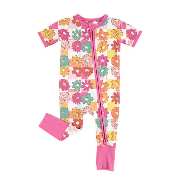 Preorder Baby Girl Infant Short Sleeves Flower Checkered Zipper Romper