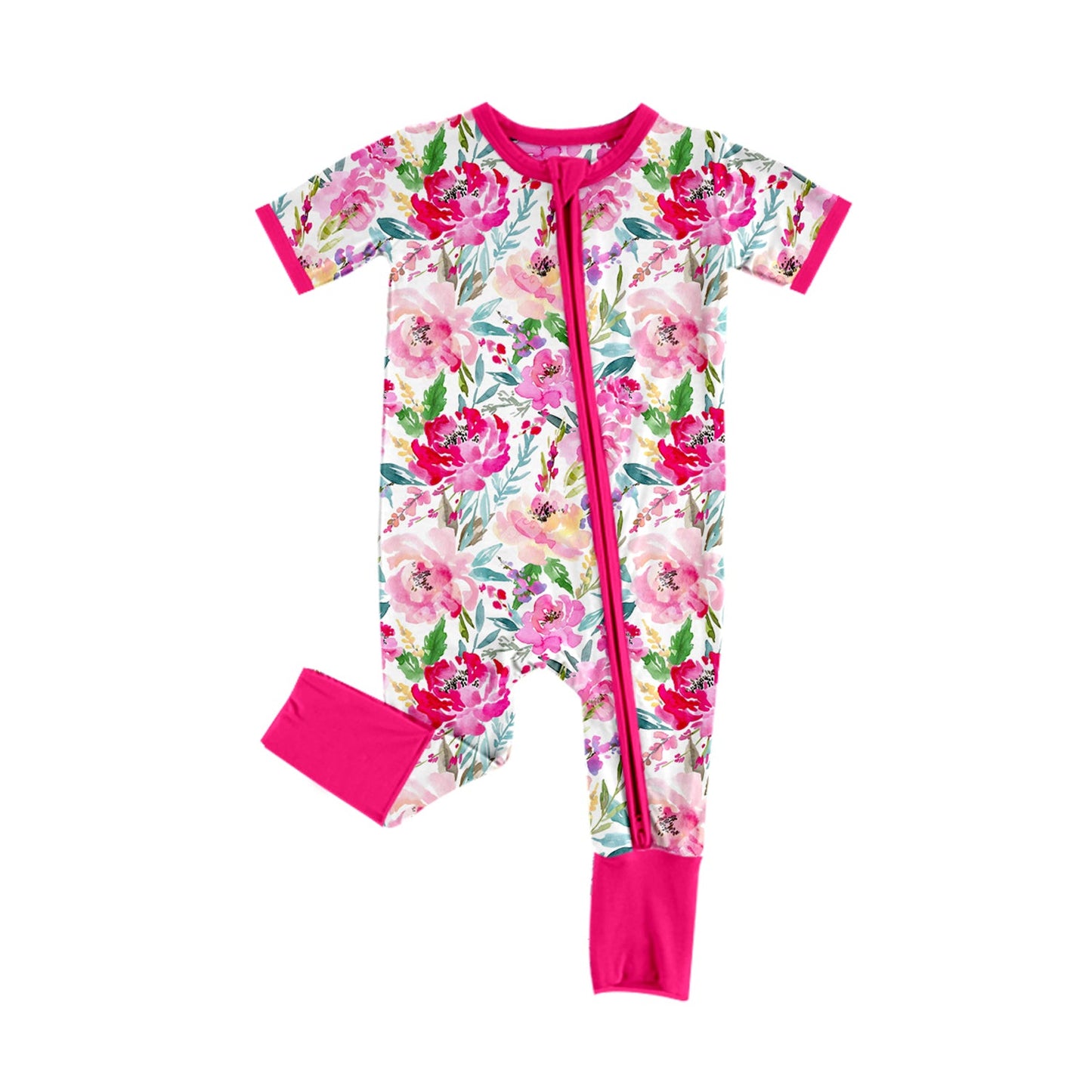 Pre-order Baby Girl Infant Pink Flower Leaves Zipper Romper