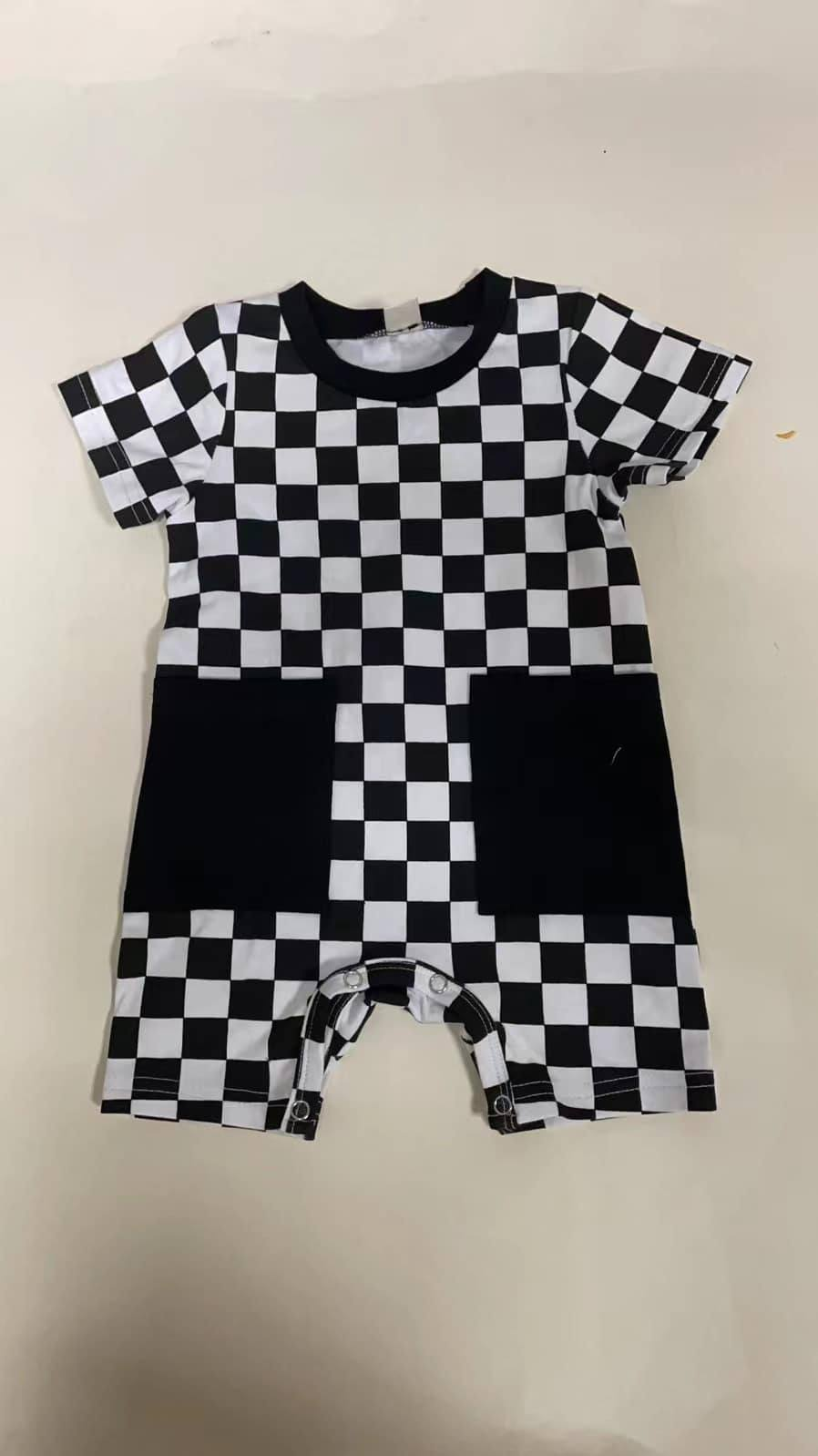 Preorder Baby  Boy Infant Black Checkered Pocket Romper