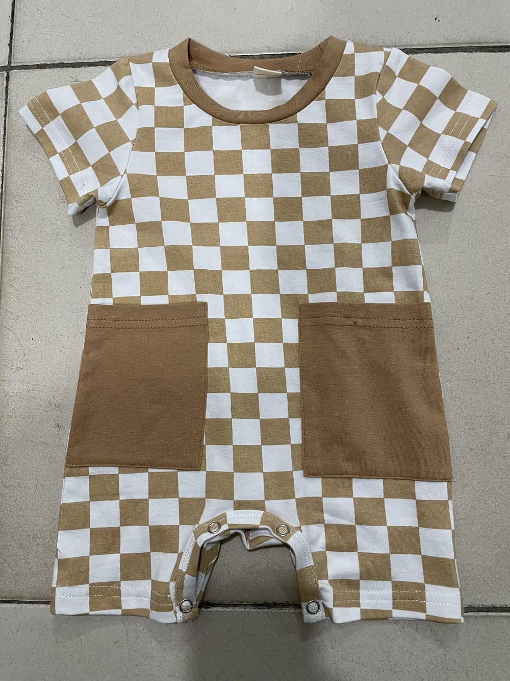 Preorder Baby Boy Infant Short Sleeves Khaki Checkered Pocket Romper