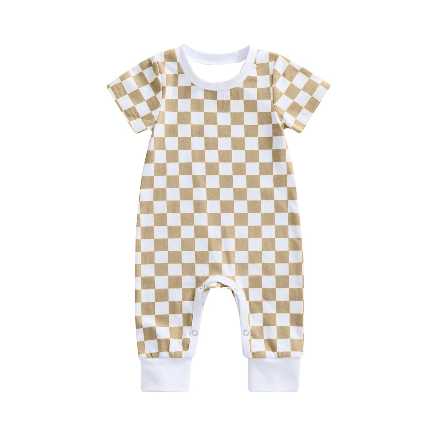 Preorder Baby Boy Infant Khaki Checkered Short Sleeves Romper
