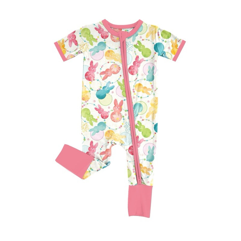 Preorder Baby Girl Infant Short Sleeves Easter Bunny Zipper Romper