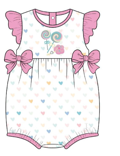 Preorder Baby Girl Infant Short Sleeves Candy Hearts Bows Bubble Romper