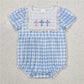 Baby Girl Short Sleeves Embroidery Crosses Blue Plaid Sibling Easter Romper Dress RTS