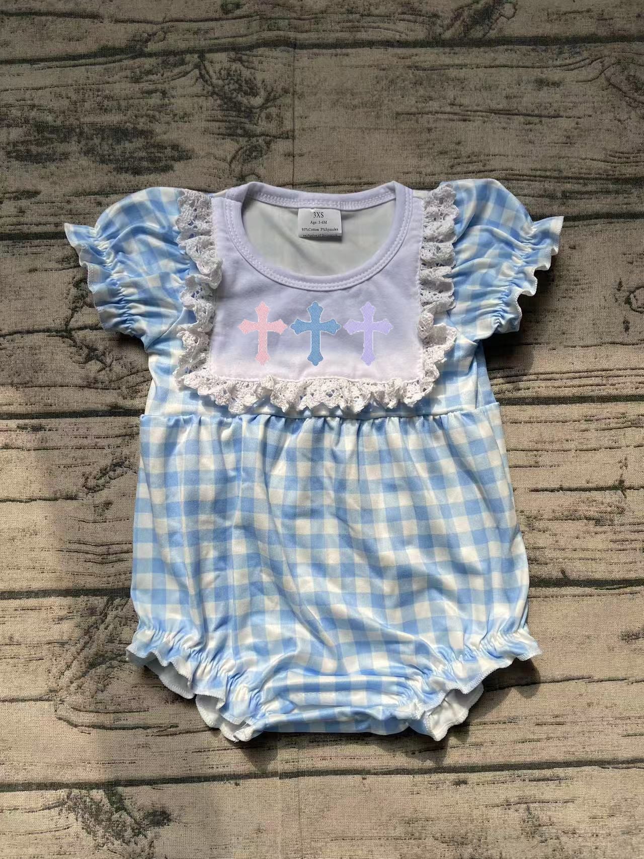 Preorder Baby Girl Infant Embroidery Easter Cross Blue Plaid Bubble Romper（ No moq )