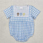 Baby Girl Short Sleeves Embroidery Crosses Blue Plaid Sibling Easter Romper Dress RTS