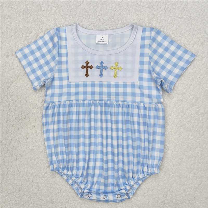 Baby Girl Short Sleeves Embroidery Crosses Blue Plaid Sibling Easter Romper Dress RTS