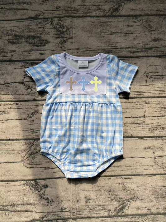 Preorder Baby Boy Infant Short Sleeves Embroidery Easter Cross Blue Plaid Romper ( No moq )