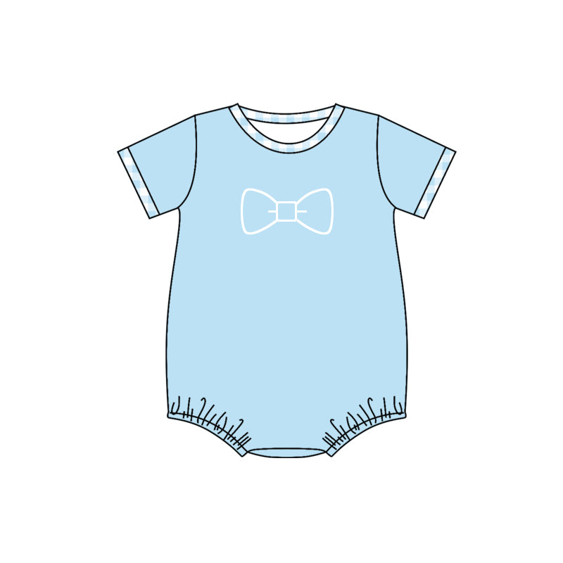 Preorder Baby Boy Infant Short Sleeves Blue Bow Tie Bubble Romper