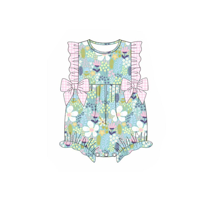 Preorder Baby Girl Infant Short Sleeves  Floral Bows Ruffle Bubble Romper