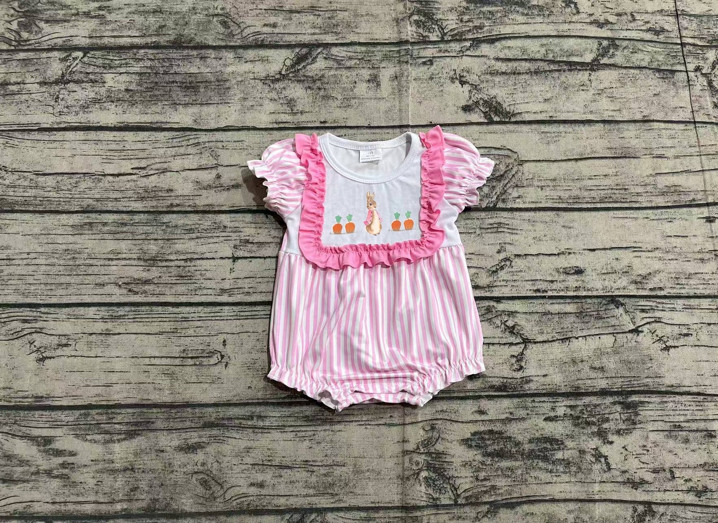 Preorder Baby Girl Infant Short Sleeves Embroidery Easter Rabbit Carrot Bubble Pink Romper