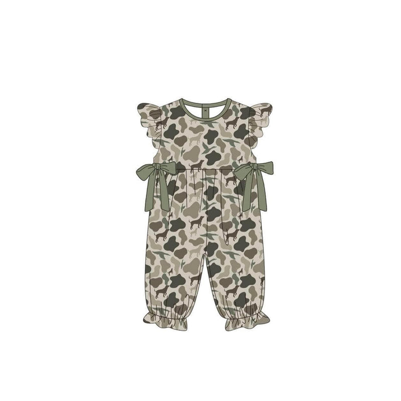 Preorder Baby Girl Infant Infant Short Sleeves Camo Dog Bows Buttons Romper