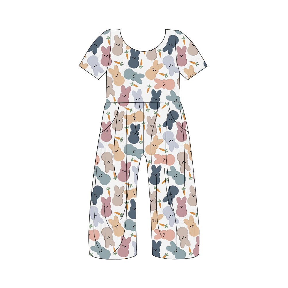 Preorder Baby Girl Toddler Short Sleeves Easter Rabbit Carrot Pocket Jumpsuit