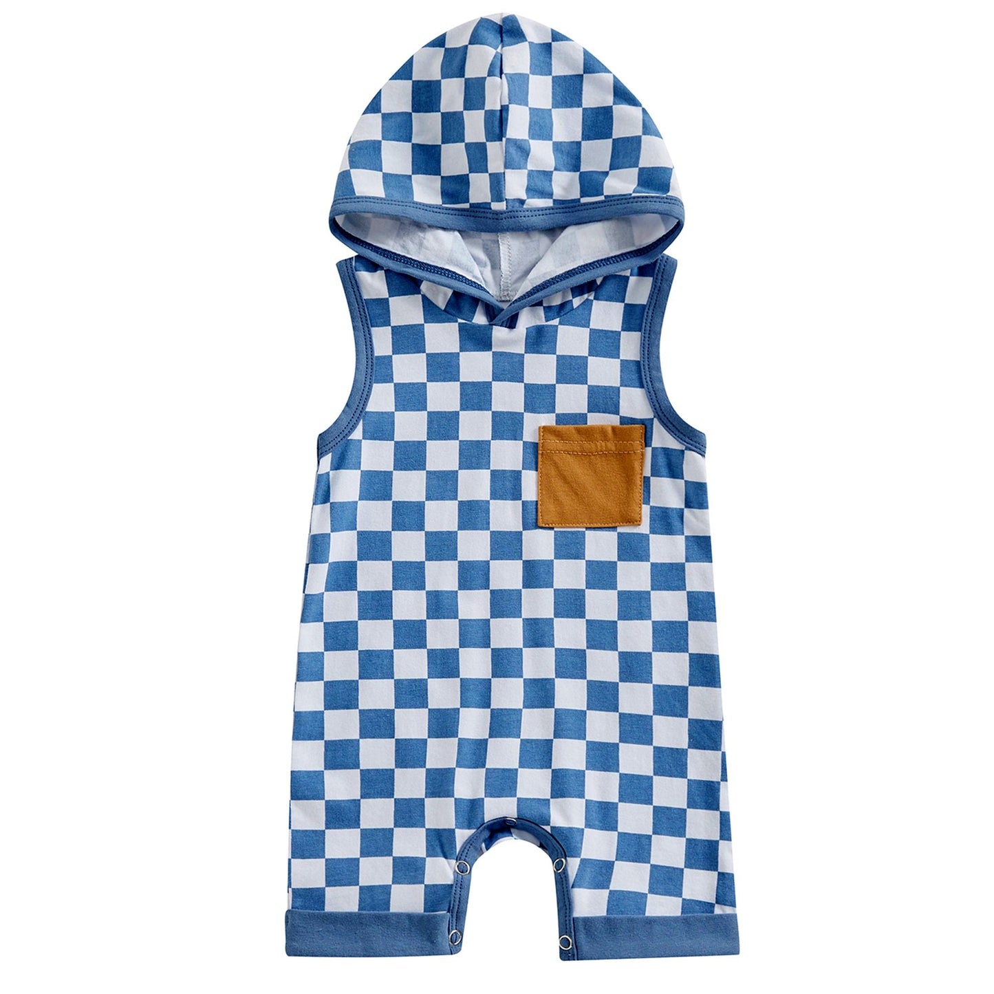 Preorder Baby Boy Infant Sleeveless Blue Checkered Pocket Hoodie Romper