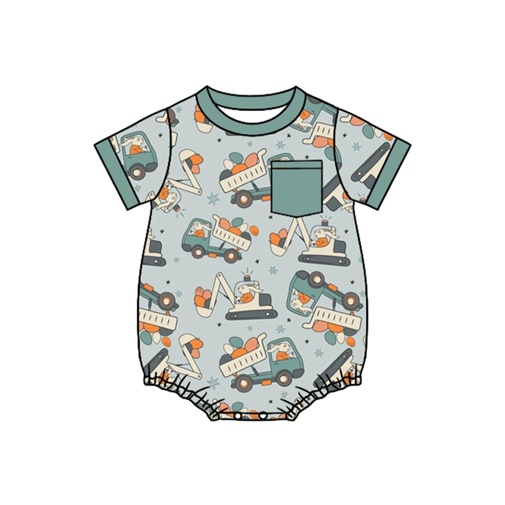 Preorder Baby Boy Infant Short Sleeves Easter Eggs Trucks Bubble Romper