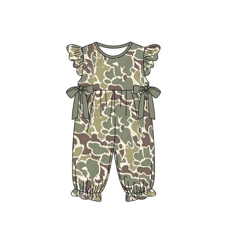 Preorder Baby Girl Short Sleeves Camo Green Bows Buttons Romper