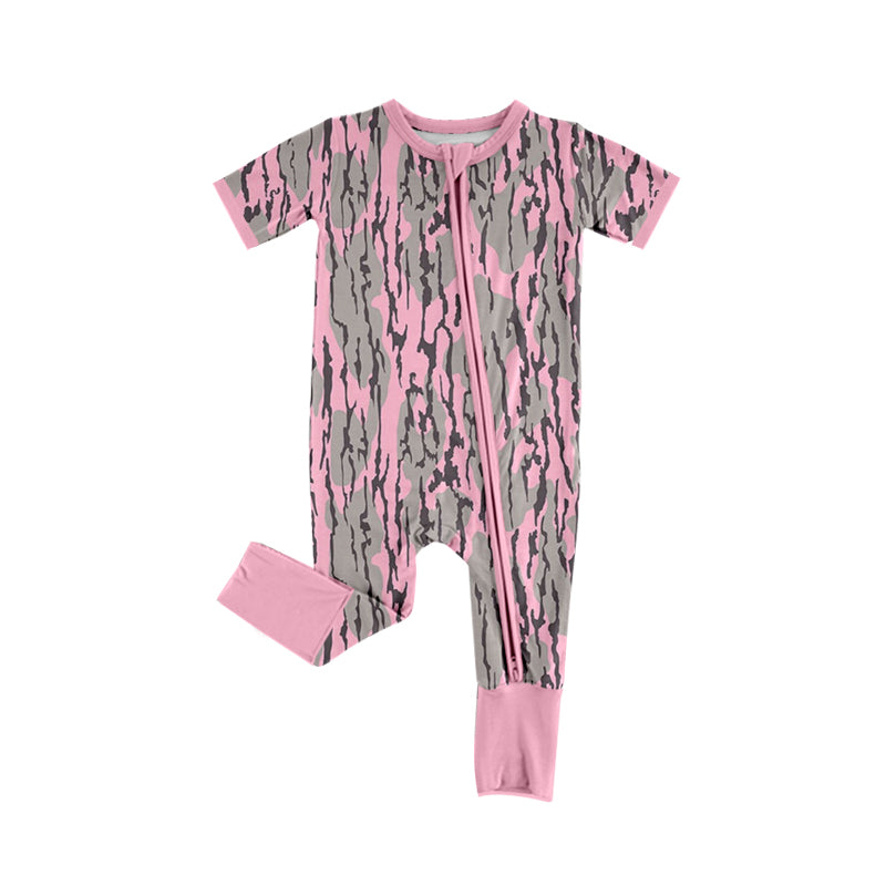 Preorder Baby Girl Infant Short Sleeves Camo Zipper Pink Romper