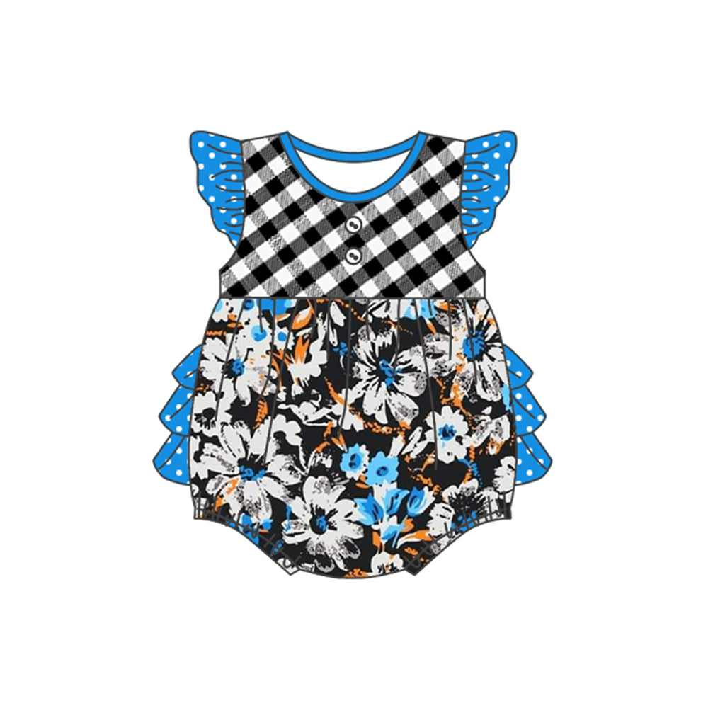 Preorder Baby Girl Infant Short Sleeves Plaid Flower Ruffle Bubble Romper