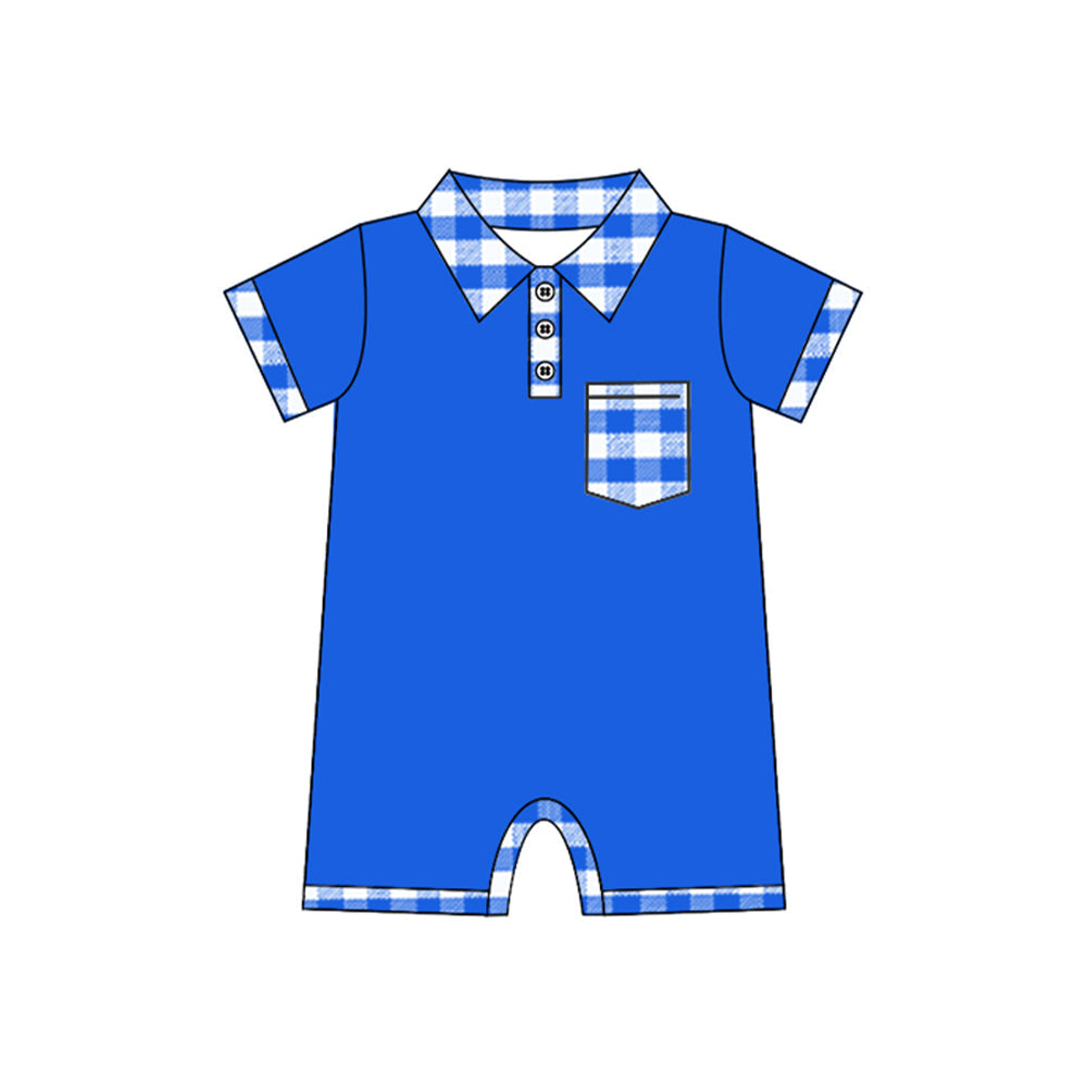 Preorder Baby Boy Infant Plaid Pocket Blue Buttons Romper