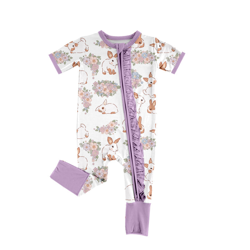 Preorder Baby Girl Infant Short Sleeves Easter Purple Rabbit Flower Zipper Romper