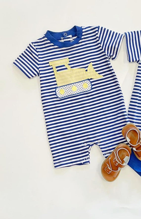 Preorder Baby Boy Infant Short Sleeves Construction Stripes Romper