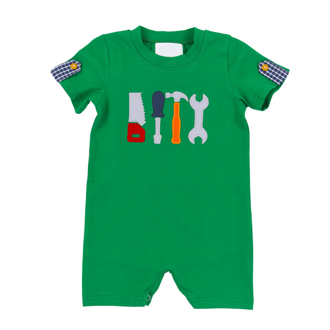 Preorder Baby Boy Infant Short Sleeves Green Tools Buttons Romper