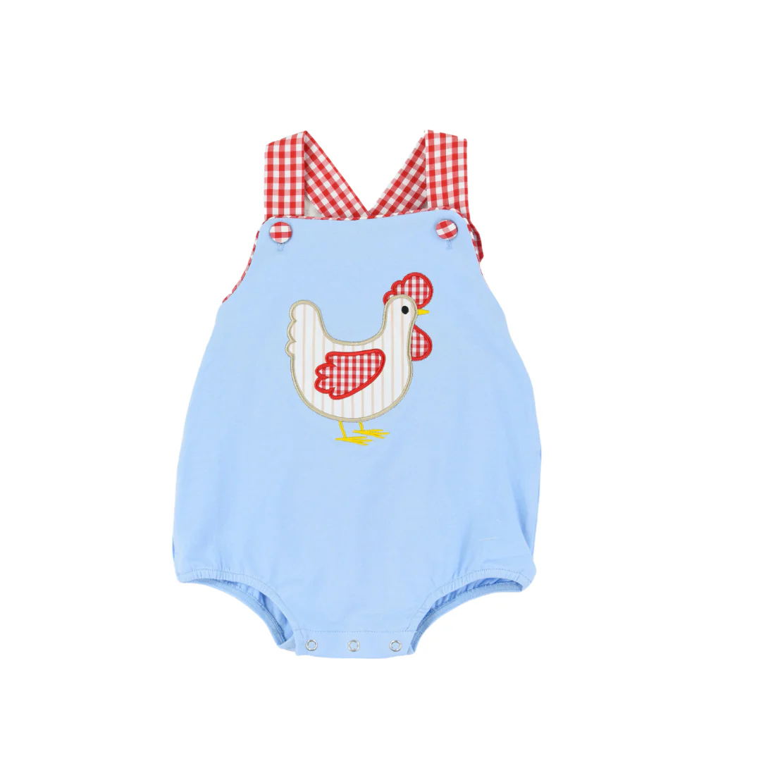 Preorder Baby Boy Infant Sleeveless Chicken Straps Blue Bubble Romper
