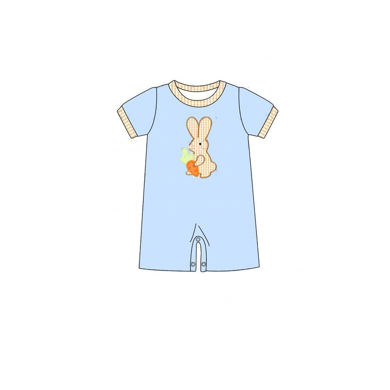 Preorder Baby Boy Infant Short Sleeves Easter Blue Rabbit Carrot Romper