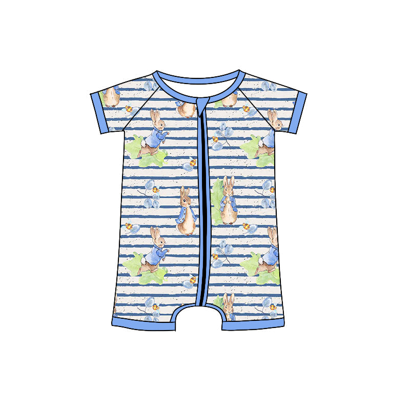 Preorder Baby Boy Infant Short Sleeves Easter Rabbit Stripes Zipper Romper