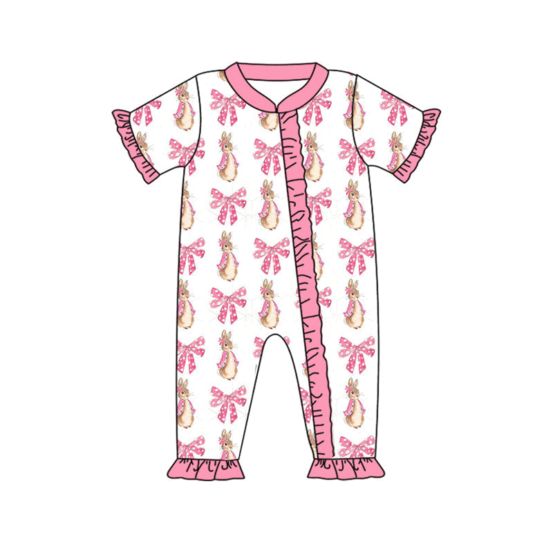 Preorder Baby Girl Infant Short Sleeves Easter Bows Rabbit Zipper Pink Romper
