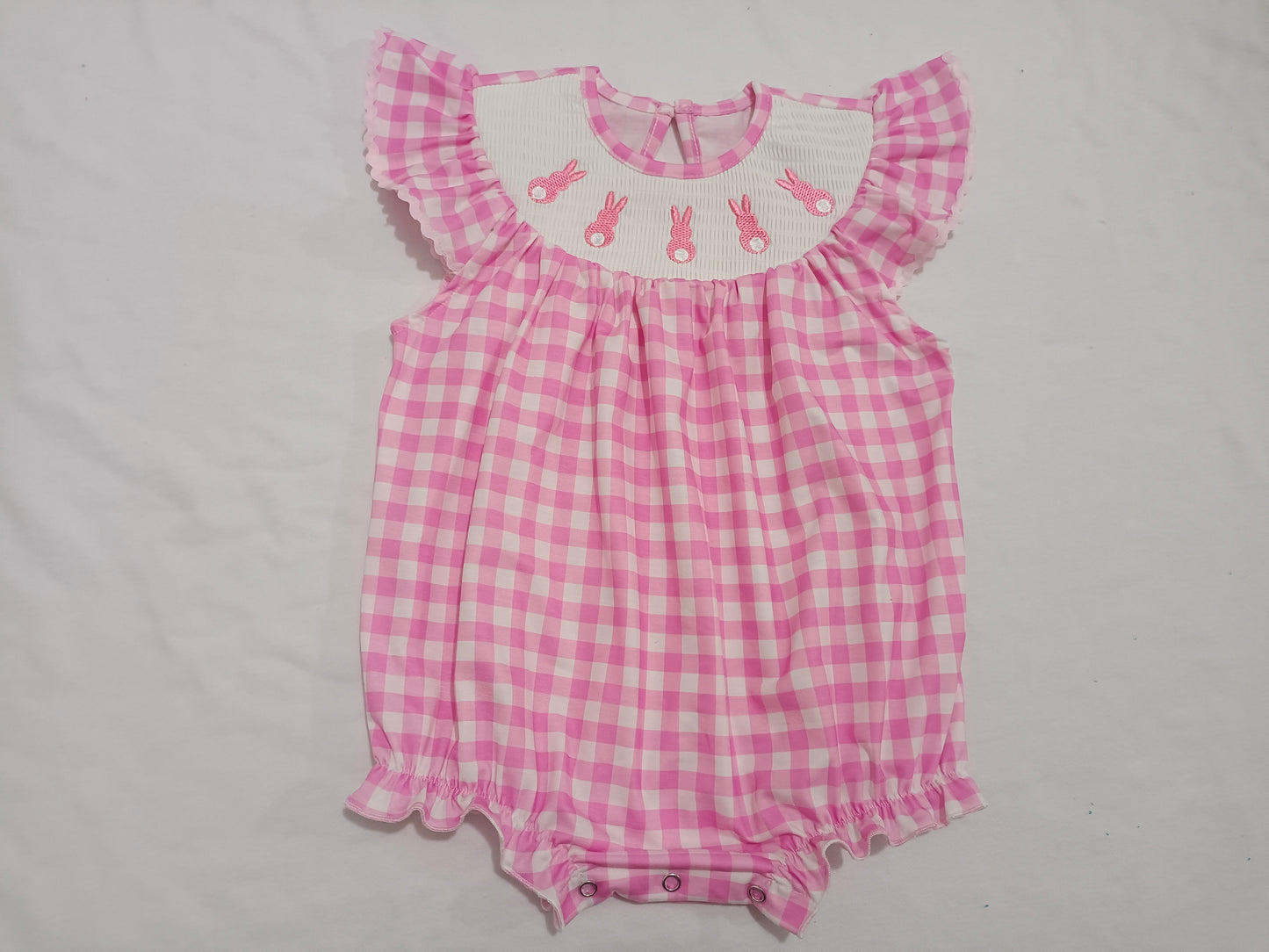 Baby Girl Infant Embroidery Easter Rabbit Pink Plaid Smocked Bubble Romper