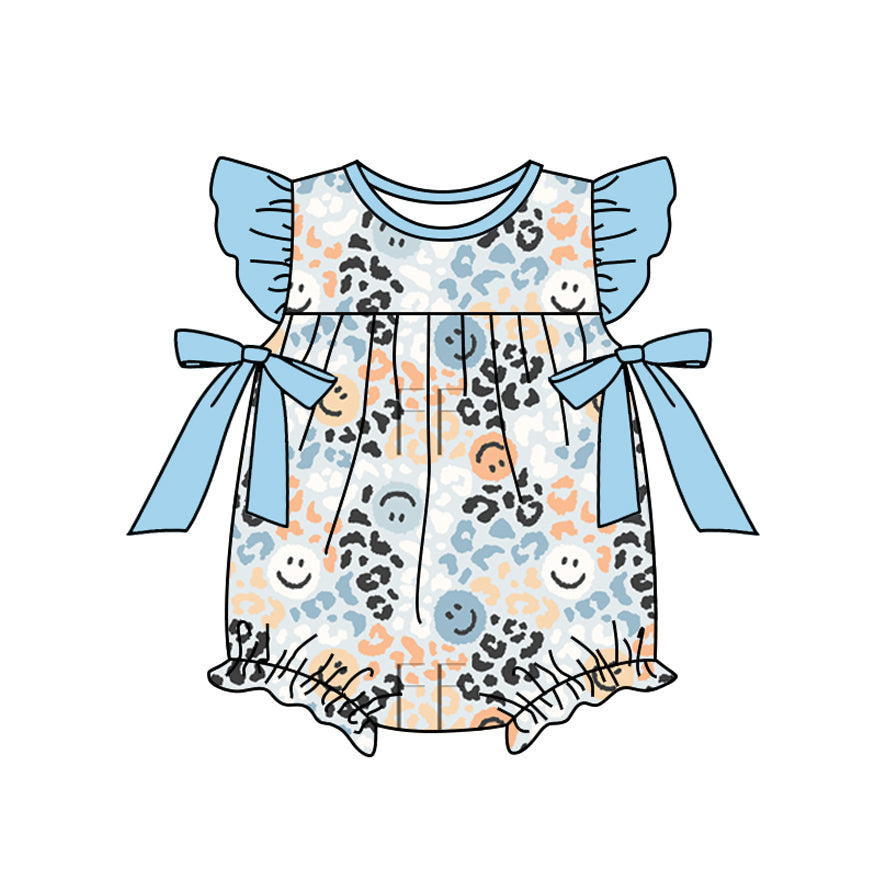 Preorder Baby Girl Infant Short Sleeves Leopard Smile Blue Bows Bubble Romper