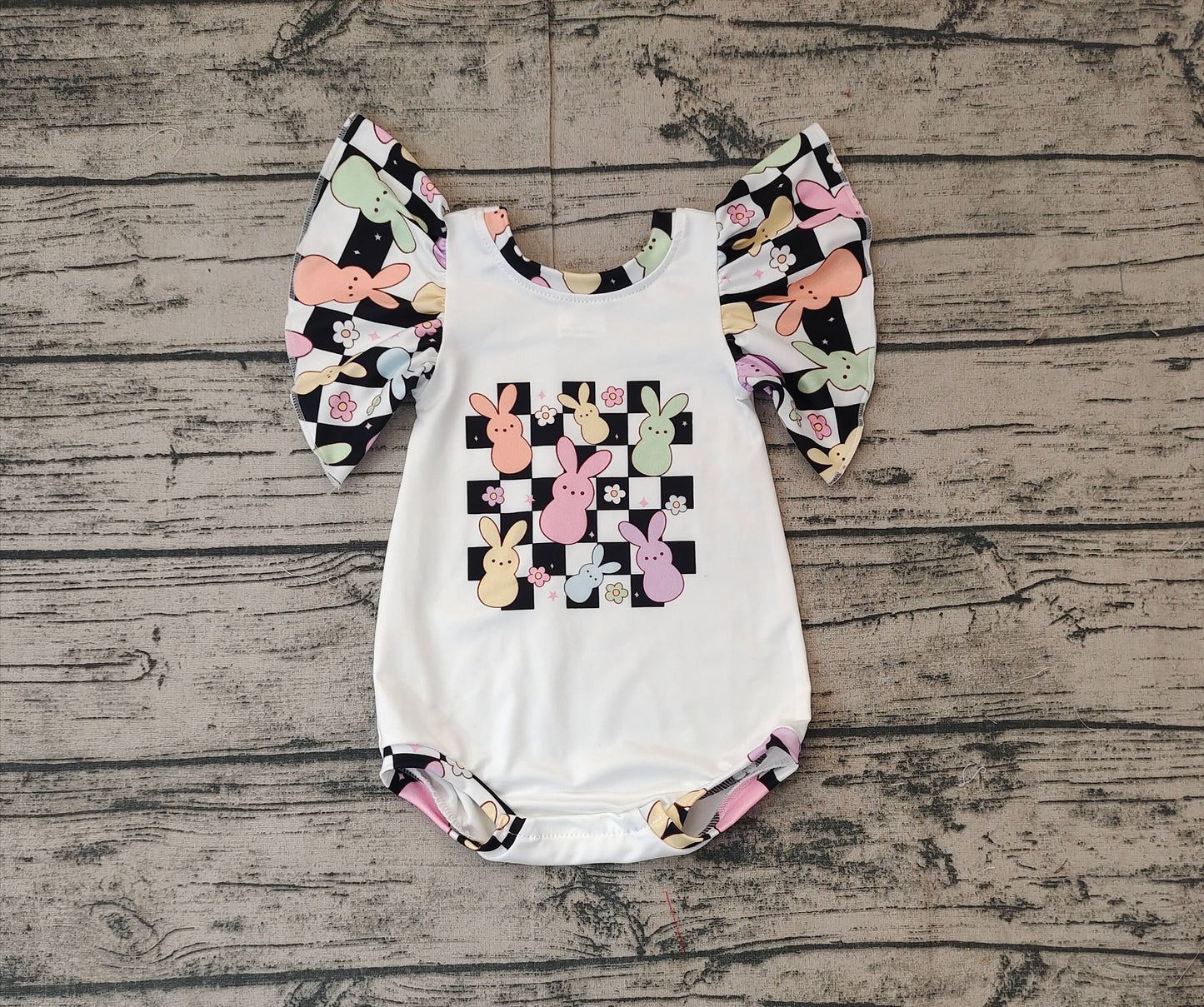 Baby Girl Infant  Short Sleeves Easter Checkered Rabbit Bubble Romper