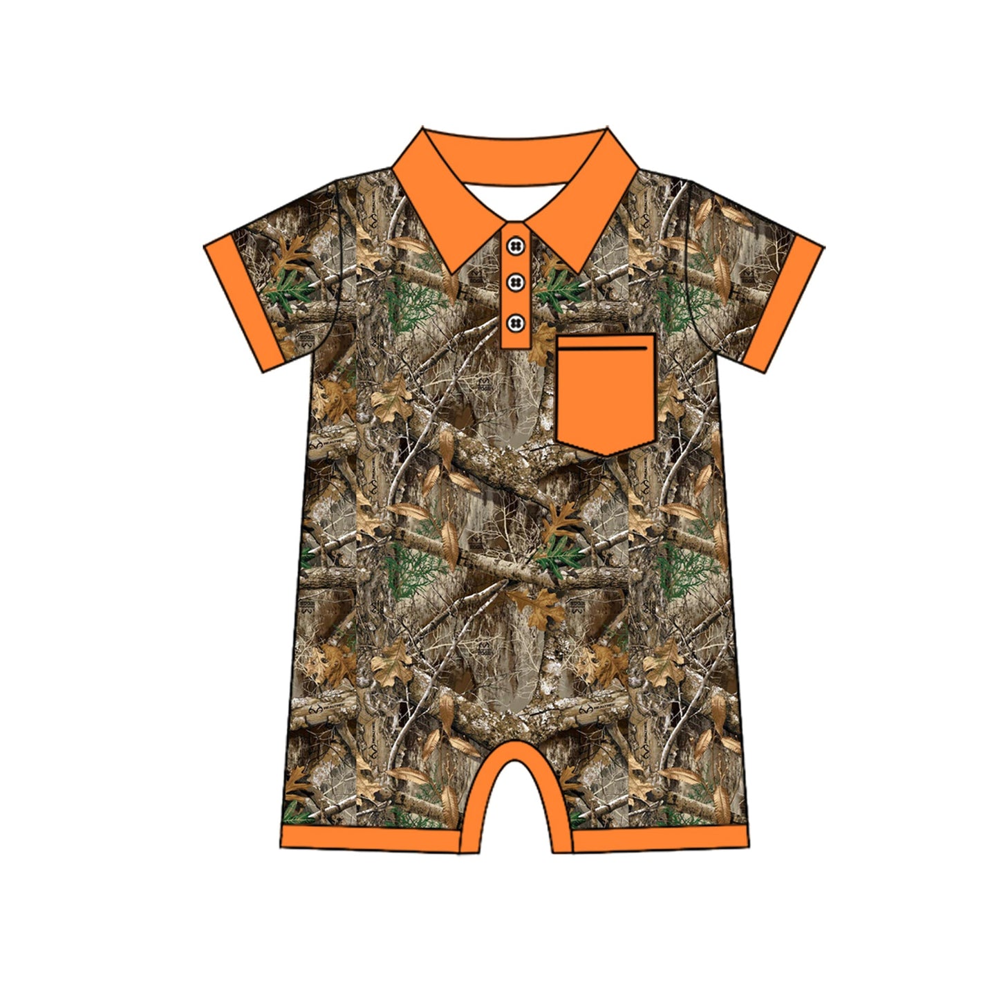 Preorder Baby Boy Short Sleeves Camo Hunting Pocket Buttons Romper