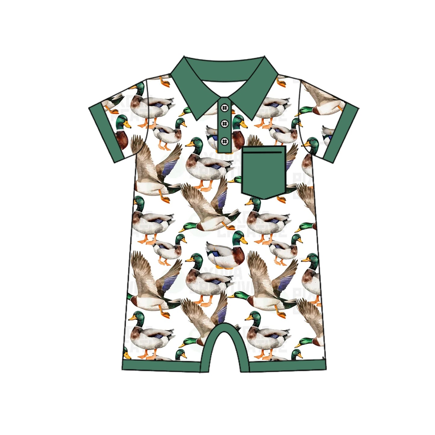 Preorder Baby Boy Infant Short Sleeves Ducks Hunting Pocket Buttons Romper