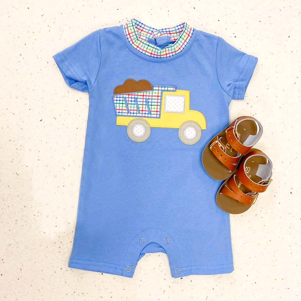 Preorder Baby Boy Infant Short Sleeves Truck Blue Buttons Romper