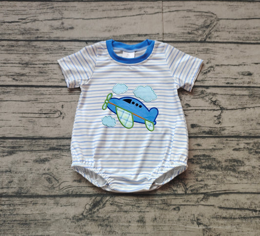 Preorder Baby Boy Infant Short Sleeves Embroidery Plane Stripes Bubble Blue Romper