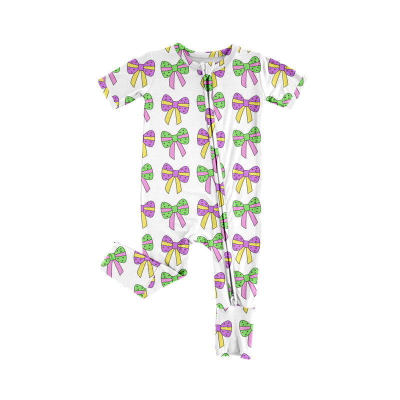 Preorder Baby Girl Infant Short Sleeves Bows Mardi Gras Zipper Romper