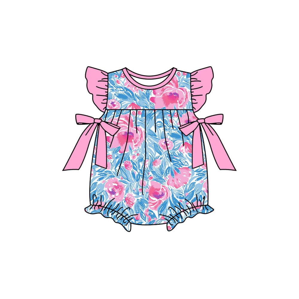 Preorder Baby Girl Infant Short Sleeves Flower Bows Bubble Ruffle Romper