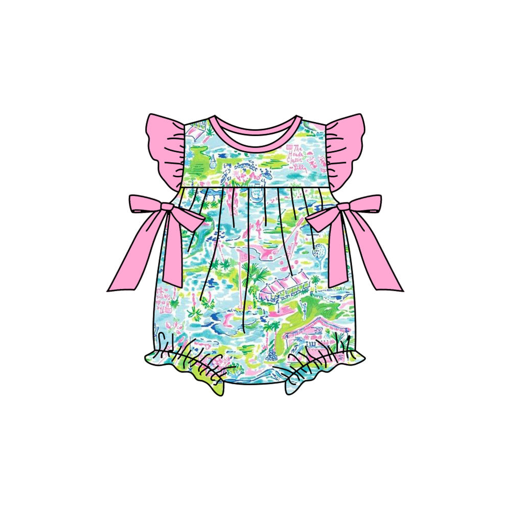 Preorder Baby Girl Infant Short Sleeves Flower Pink Bows Bubble Ruffle Romper