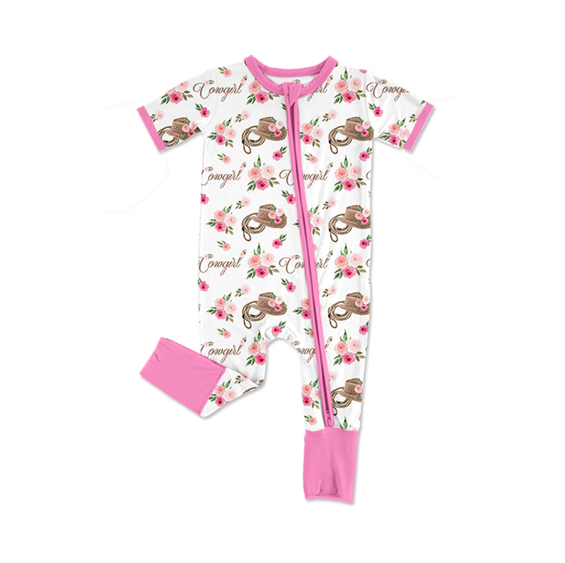 Preorder Baby Girl Infant Short Sleeves Cowgirl Flower Zipper Pink Romper