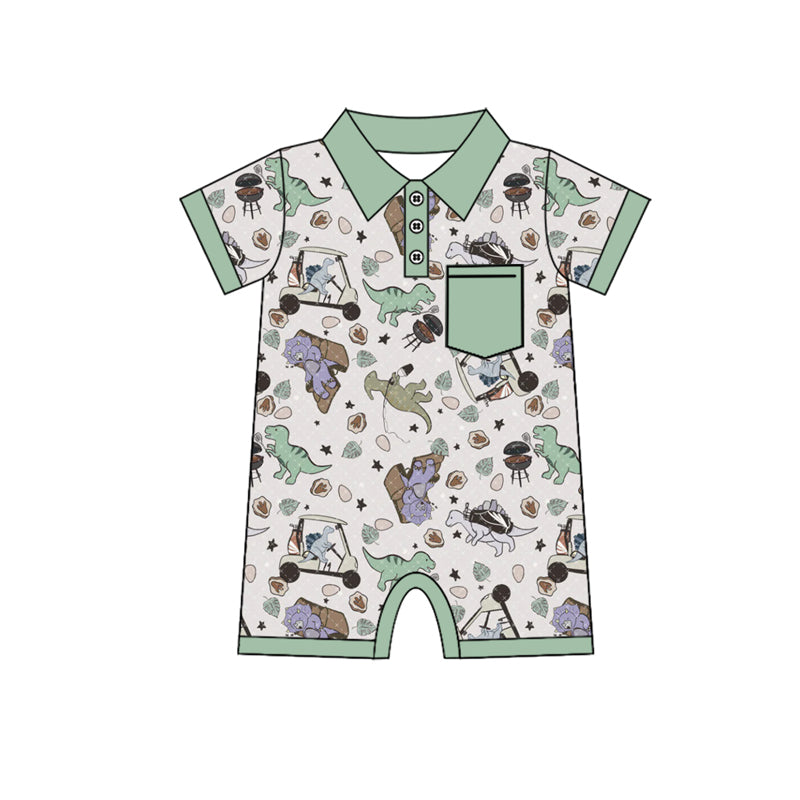 Preorder Baby Boy Infant Short Sleeves Dinosaurs Green Pocket Romper